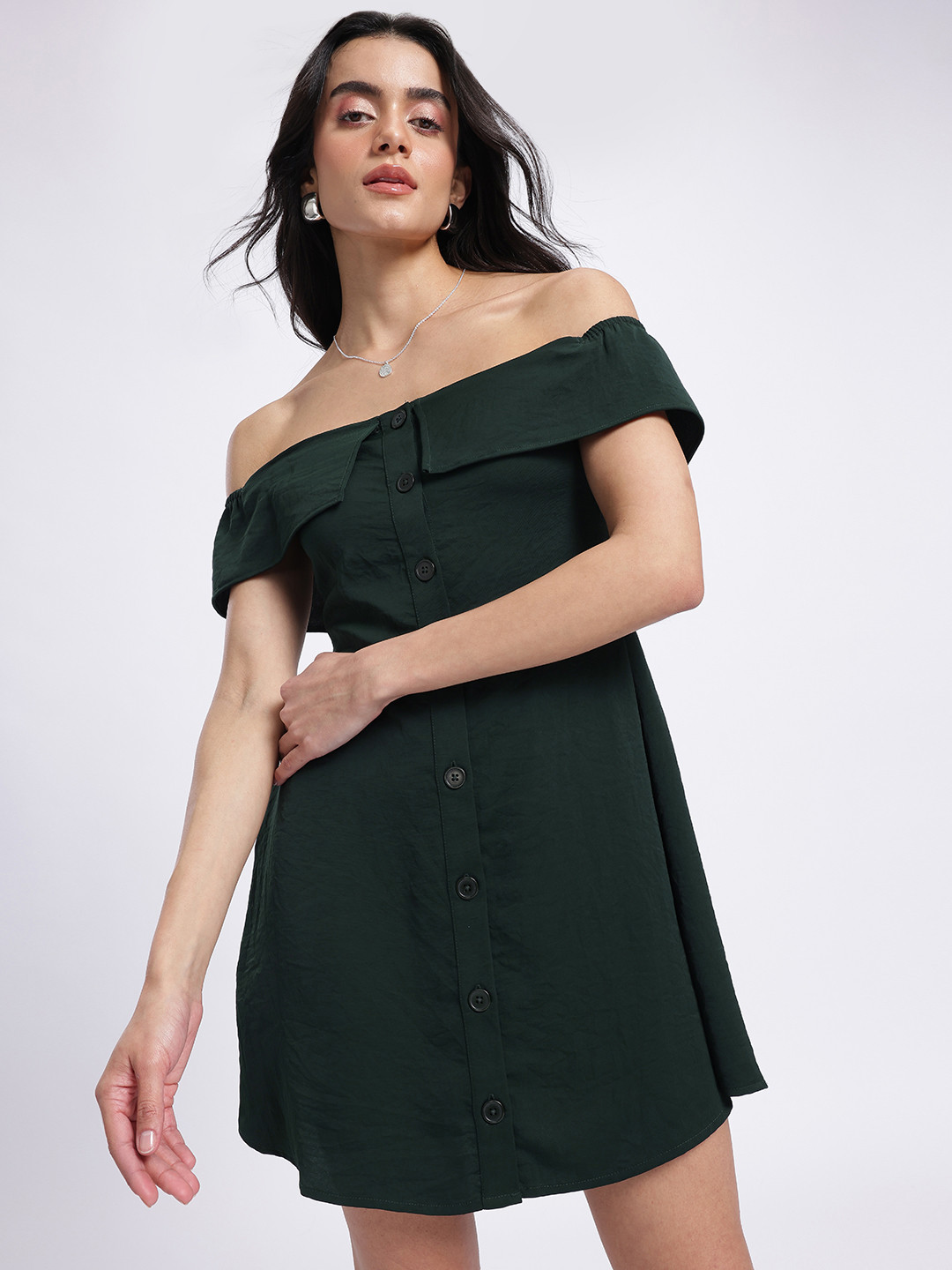 glitchez Smocked Back Off-Shoulder Mini A-Line Dress