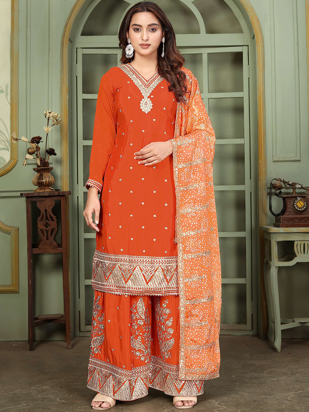 Miss Ethnik Women Woven Design Yoke Design Kurta with Palazzo & Dupatta