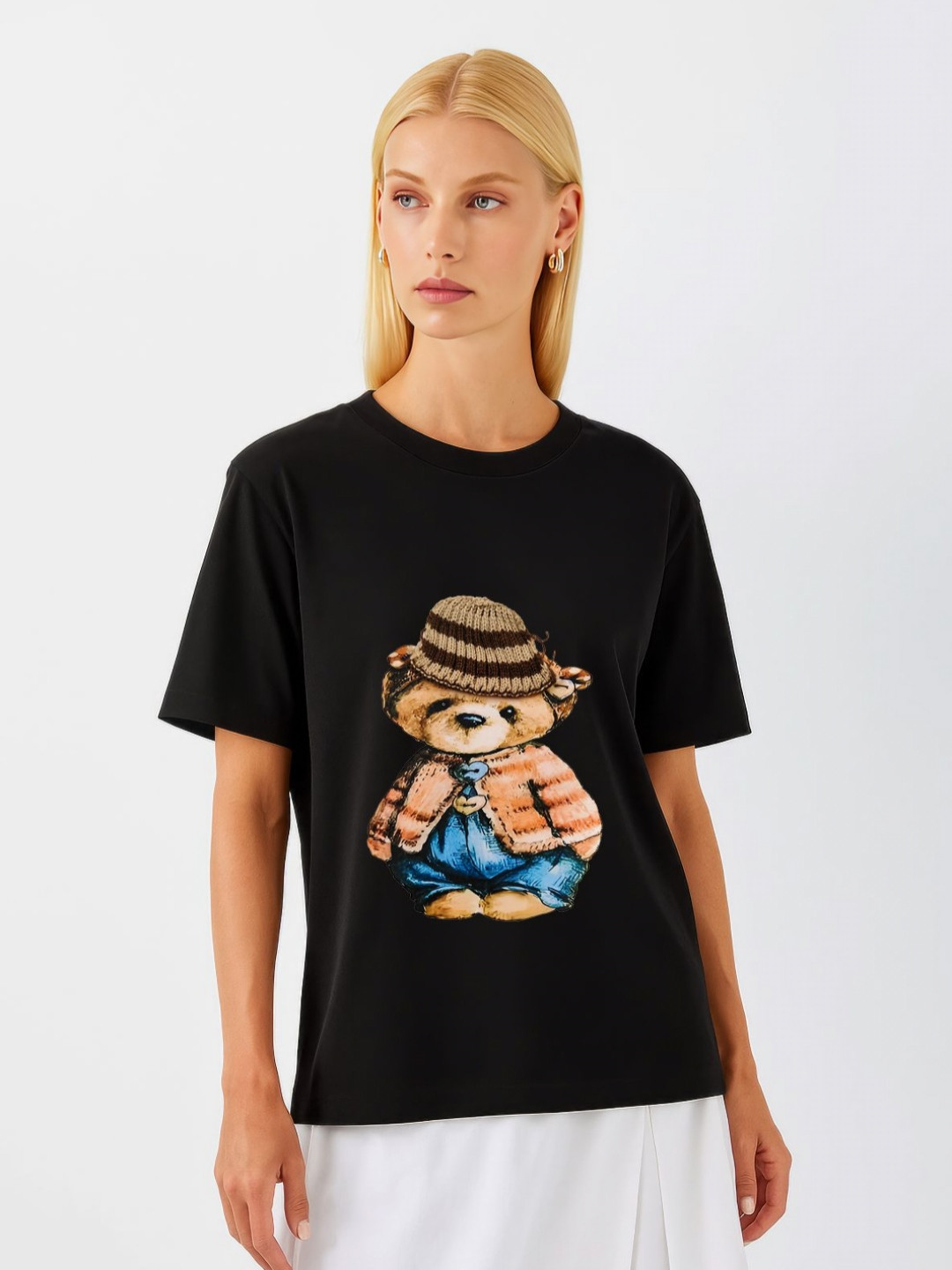 GRACE & JACK Women Black Vintage Graphic Cozy Teddy 3D Knit Hat T-shirt