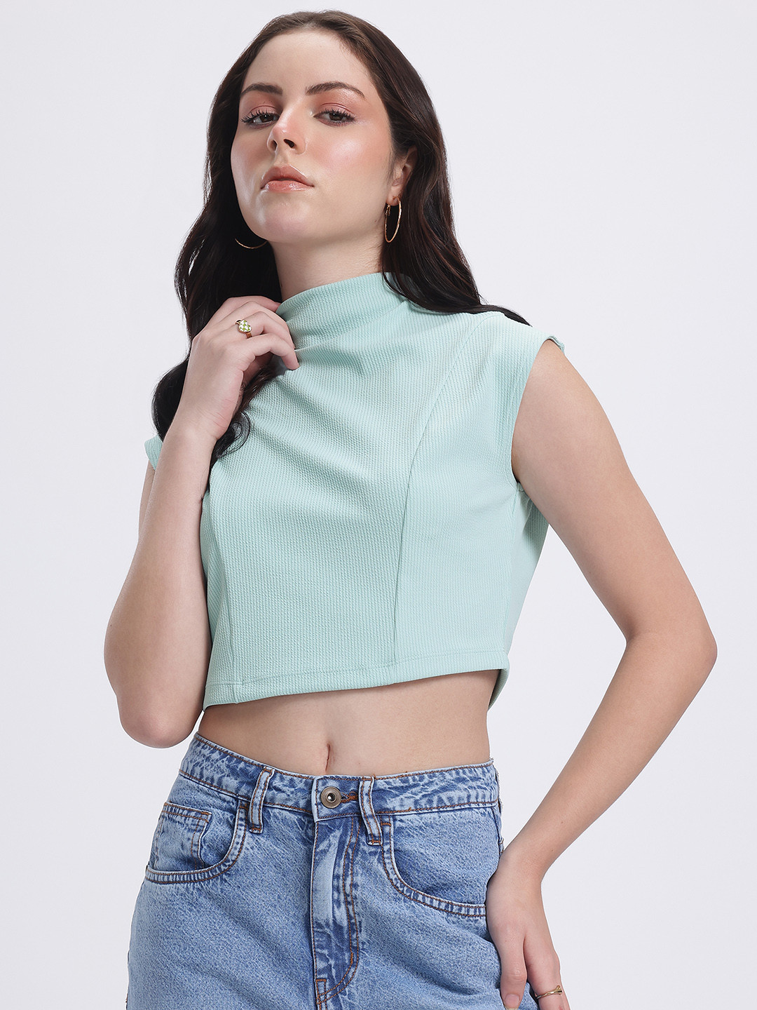 glitchez High Neck Cap Sleeves Crop Fitted Top