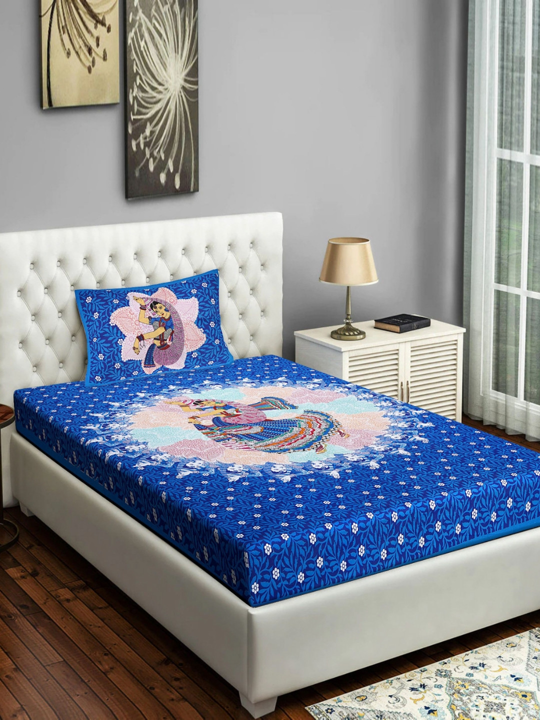 POORAK Blue & White Jaipuri Print 104 TC Single Cotton Bedsheet Set 2.74 m x 2.74 m