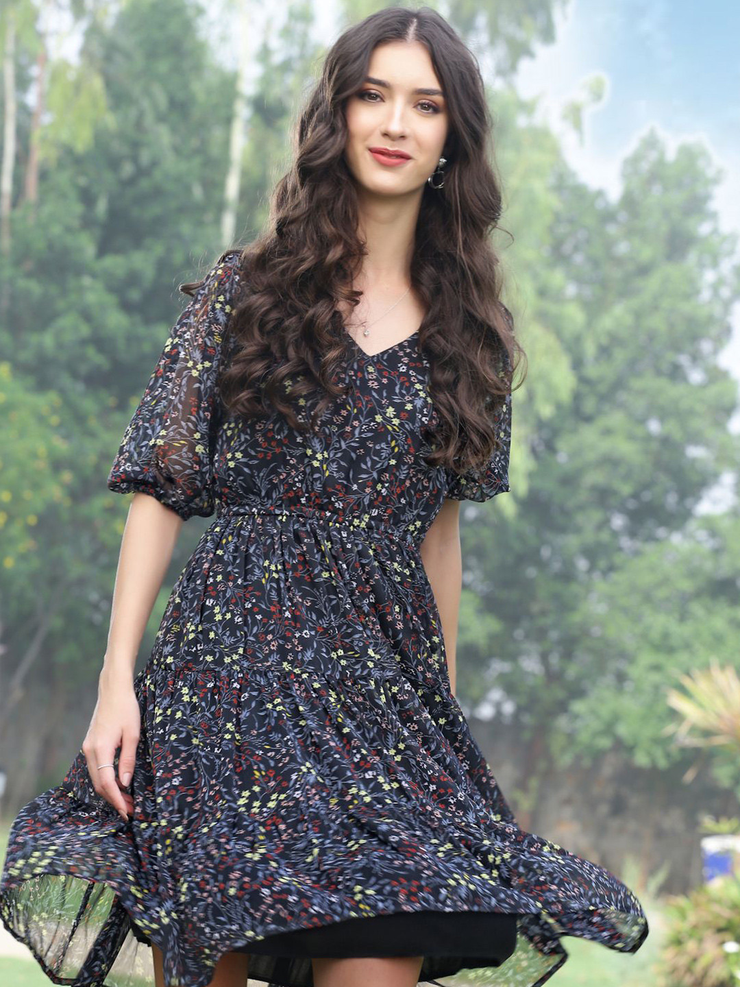 Sera Light Weight Flowy Midnight Garden Dark Floral Daydream Dress