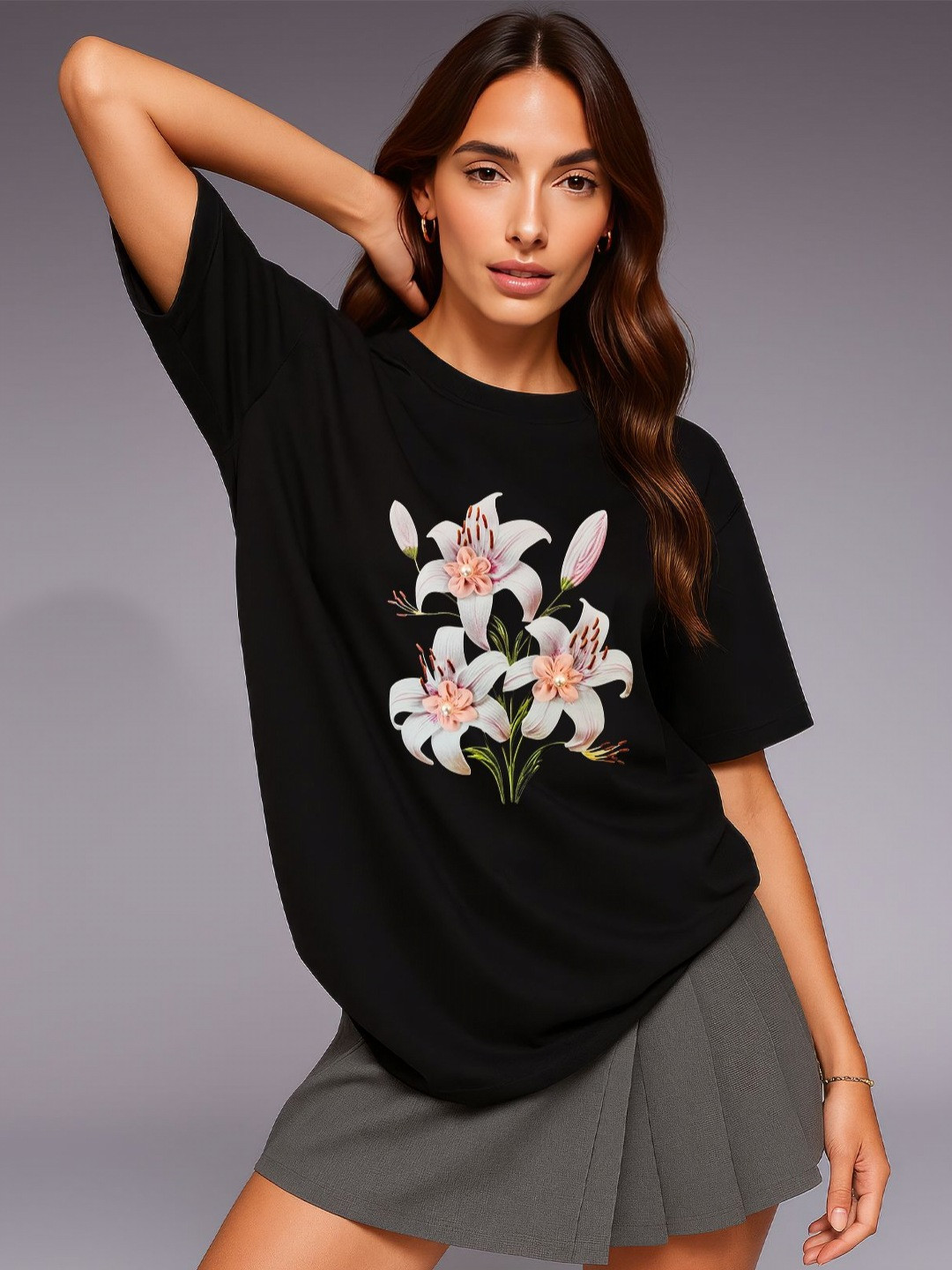 GRACE & JACK Women Floral Lily Whisper 3D Lilies & Pearl T-shirt