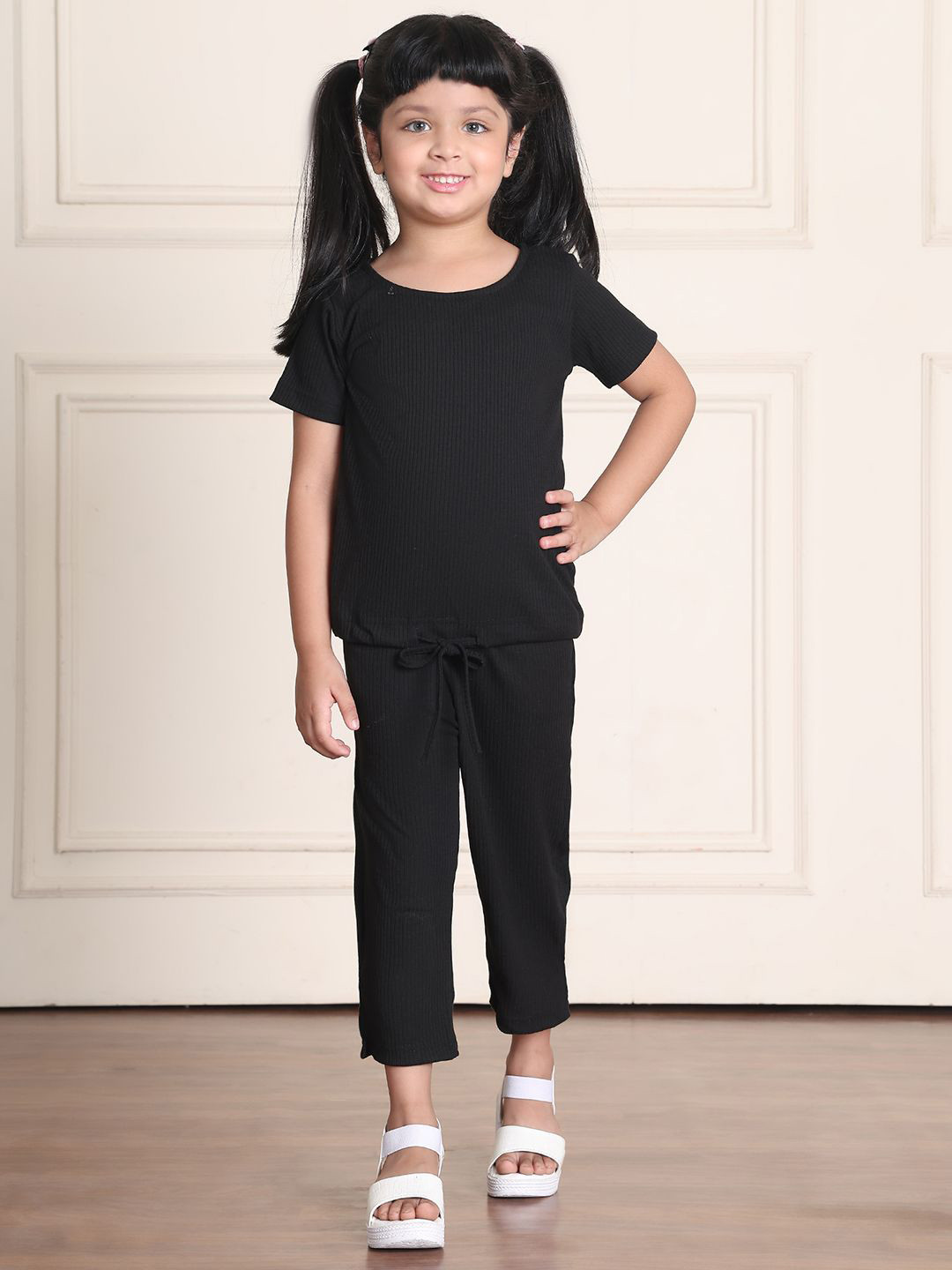 thkgrlz Girls Knitted Ribbed Pure Cotton T-shirt With Trousers Clothing Set
