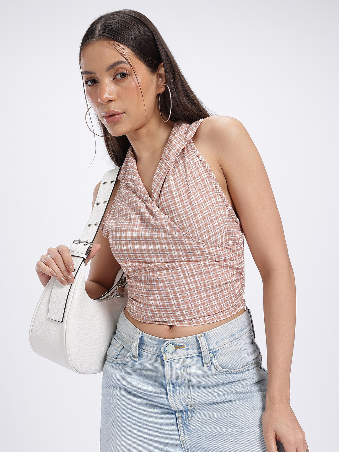 glitchez Checkered Ruched Wrap-Style Fitted Crop Top
