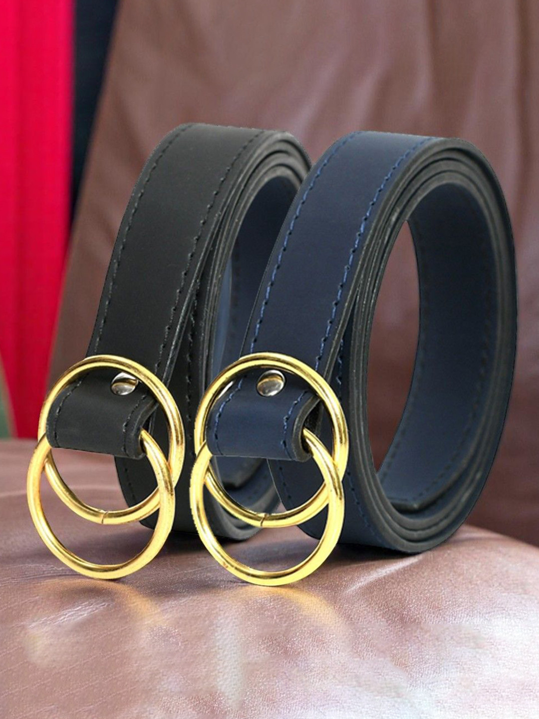 DressBerry Women Pack of 2 Black & Blue Solid D-Ring Closure Formal Belt
