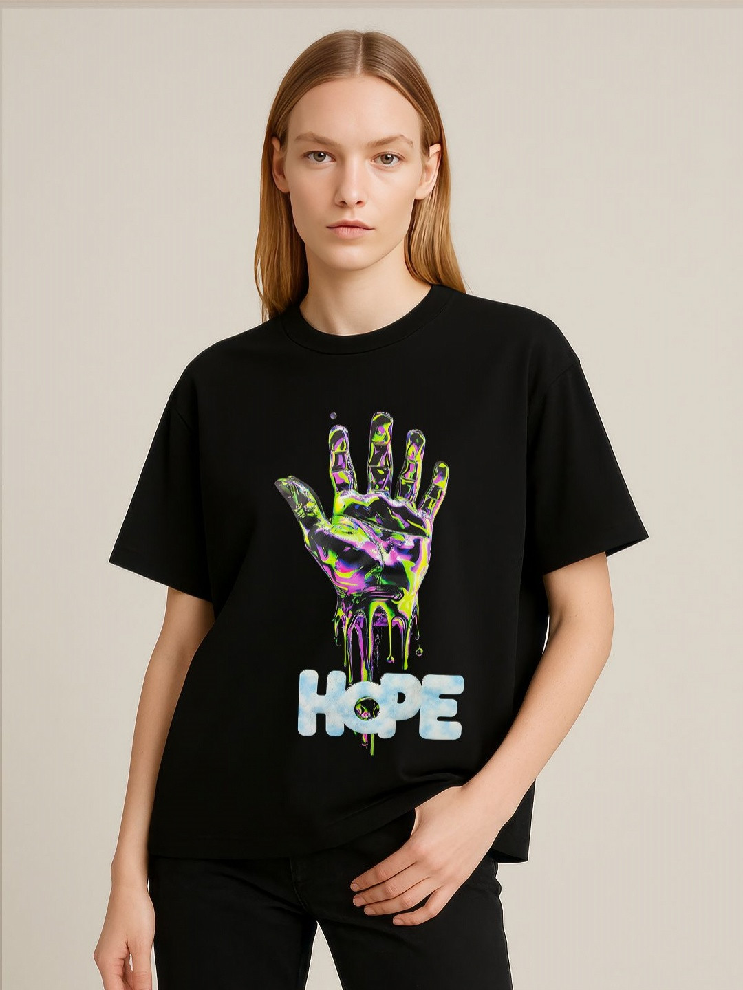 GRACE & JACK Women Hope 3D Text Graphic Print Round Neck Cotton Oversized T-shirt