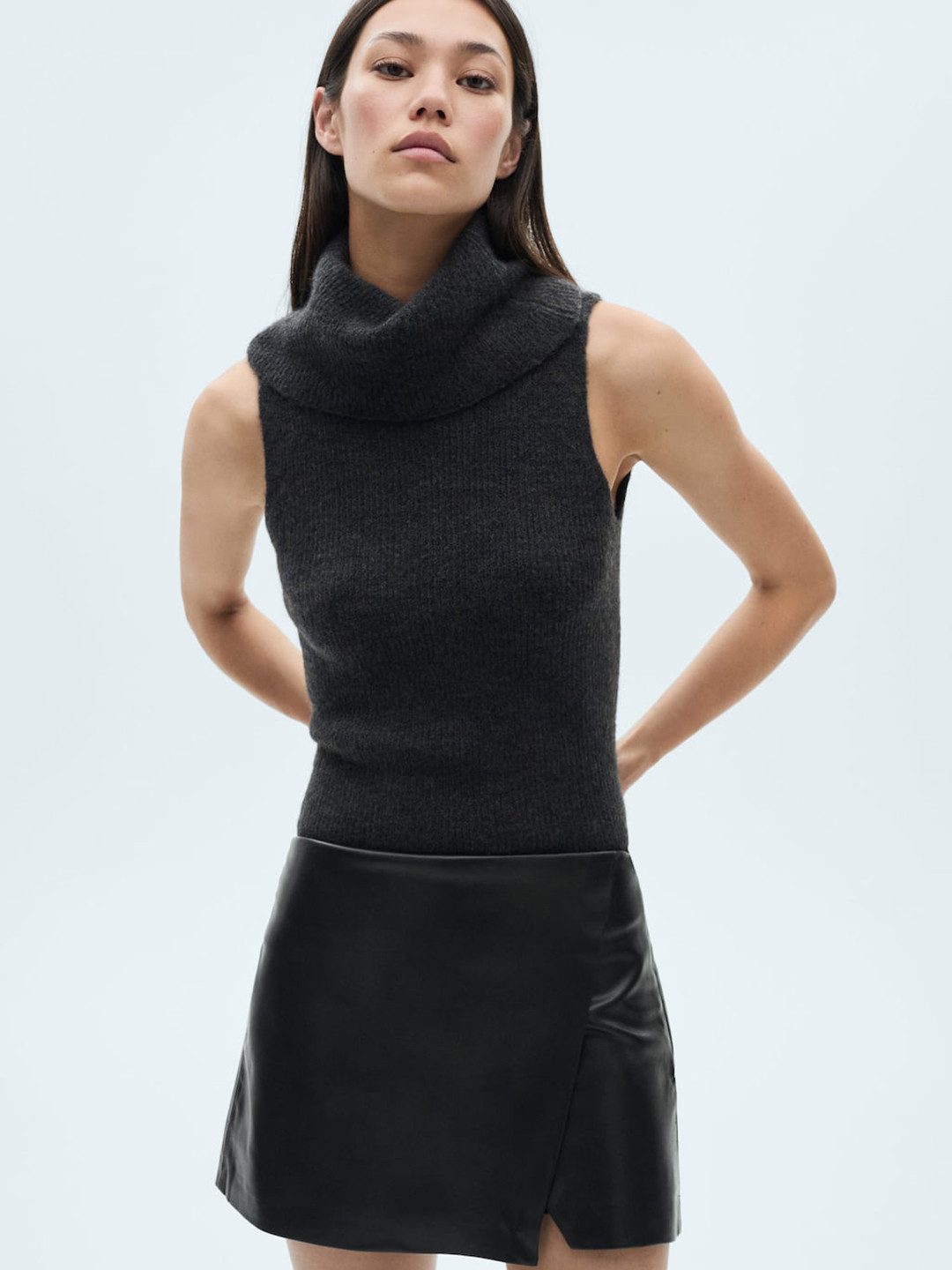 MANGO Faux Leather Coated Mid-Rise Wrap Mini Skirt with Skorts Design