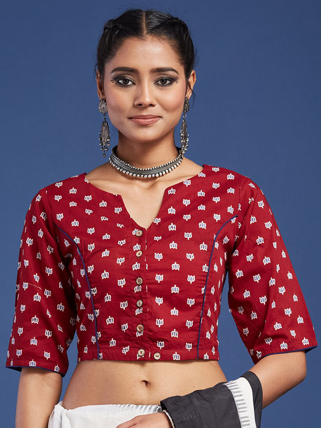 Taavi Ajrakh Block Print Cotton Saree Blouse