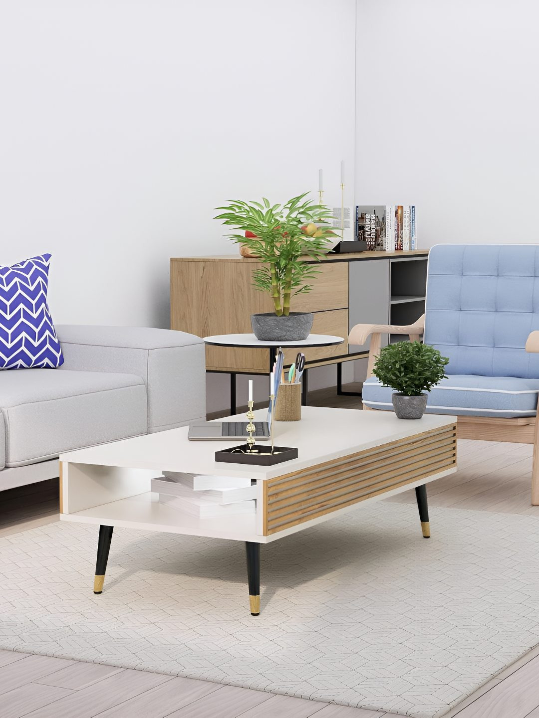 HEXA RED White & Brown Textured Wooden Rectangle Coffee Table