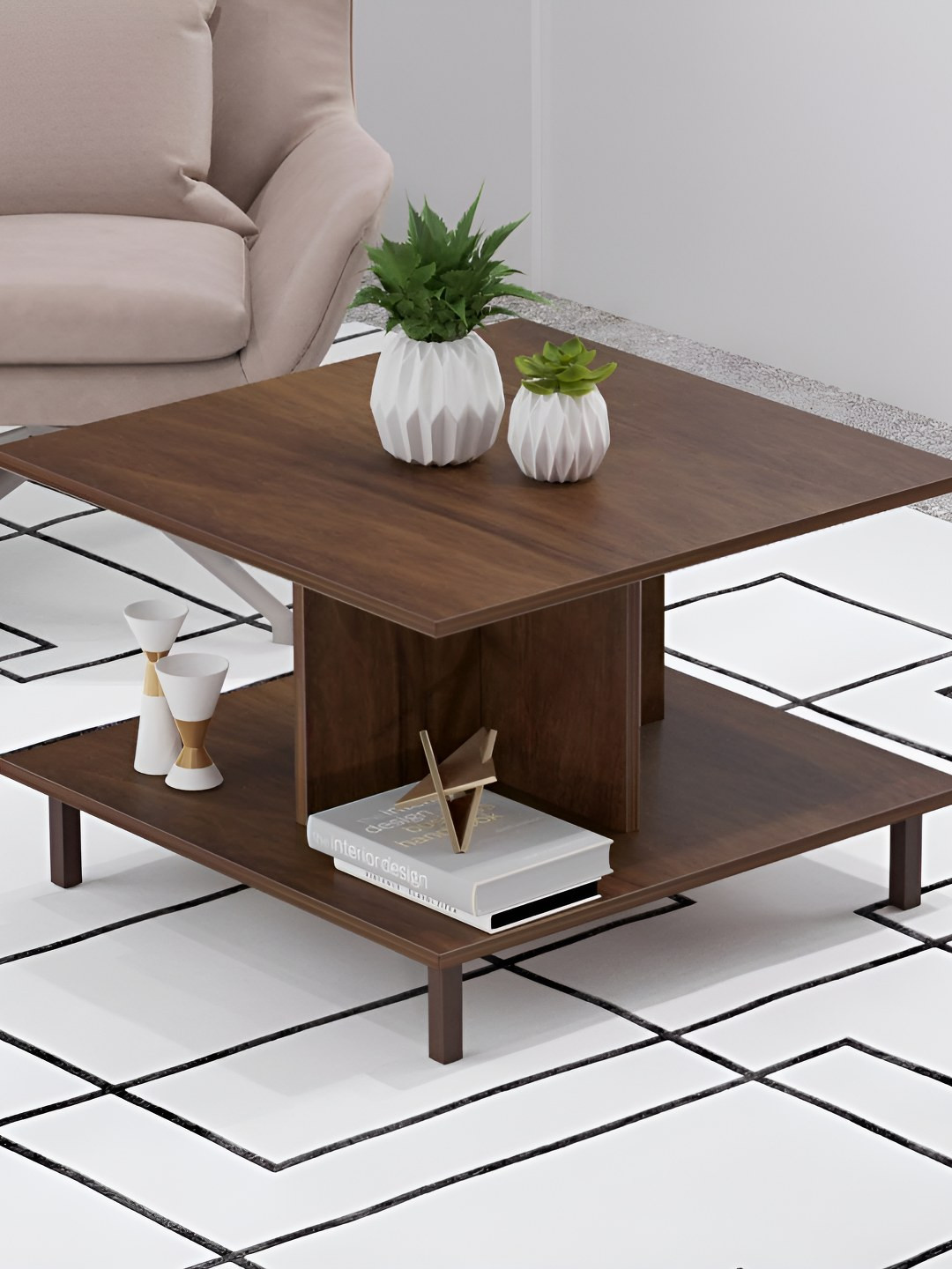 bluewud Sydney Brown Textured Wooden & Metal Square Coffee Table
