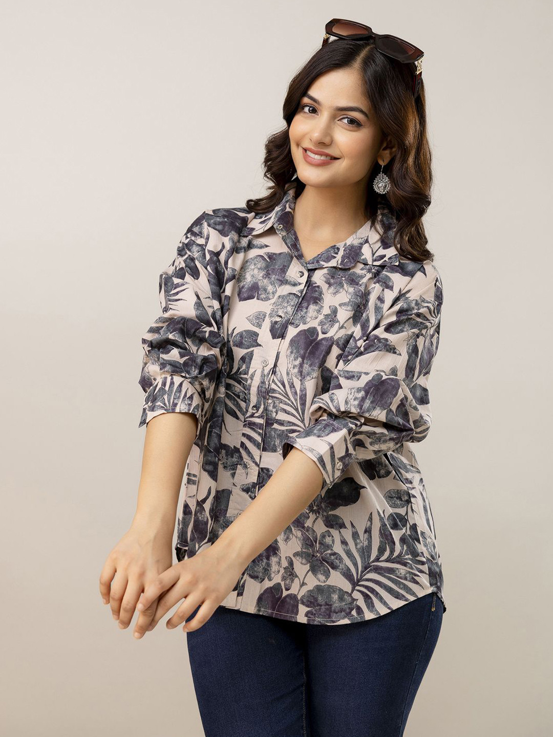 Nayo Women Straight Fit Floral Printed Cuban Collar Cotton Casual Shirt