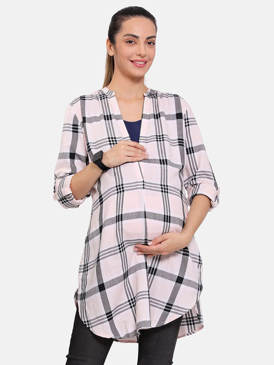 MINI KLUB Women Mandarin Collar Maternity Cotton Tunic