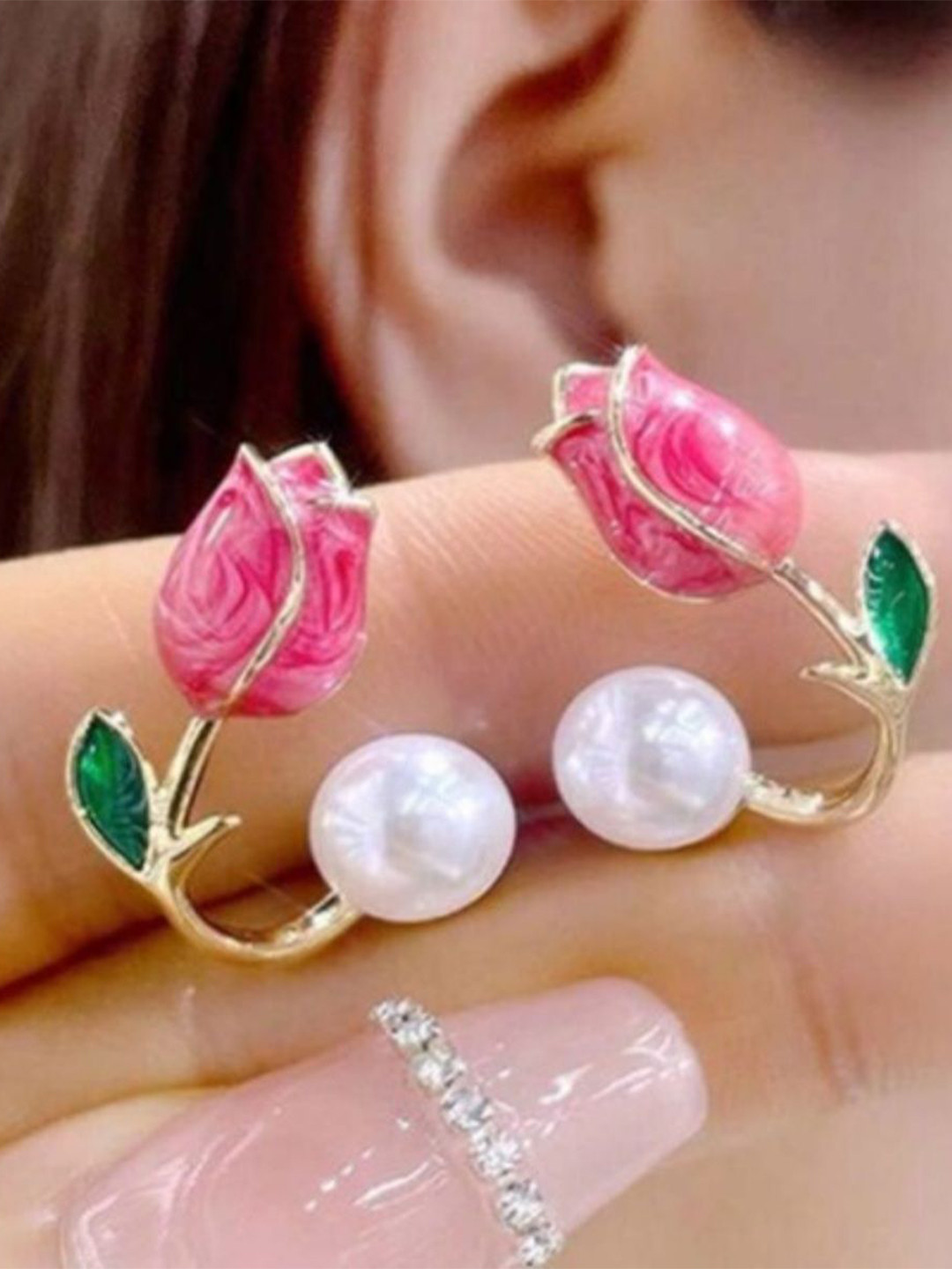 VR Creatives Pearls Beaded Floral Shaped Double Sided Studs