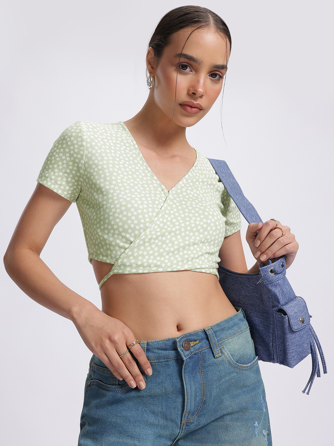 DressBerry Floral Ribbed Tie-Up Detail Front-Open Crop Wrap Top