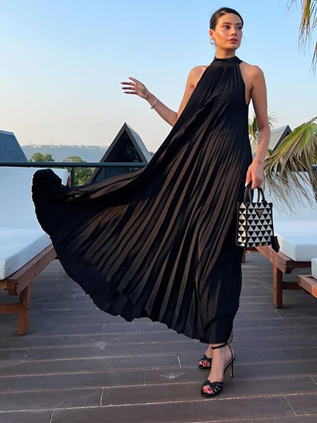 JC Mode Accordion Pleats Halter Neck A-Line Maxi Dress