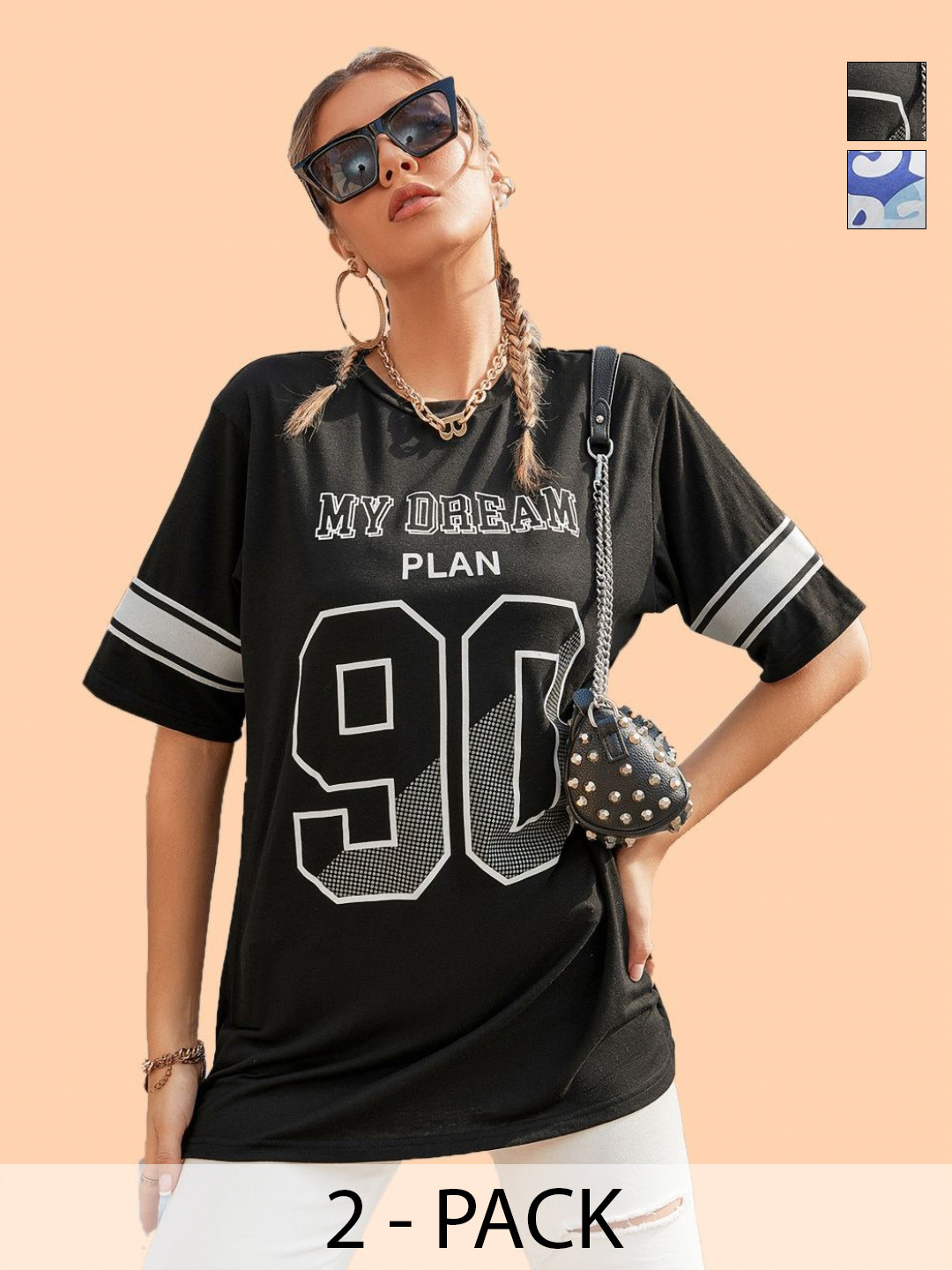 Christy World Varsity Printed Pack Of 2 Round Neck Oversized Cotton T-shirts