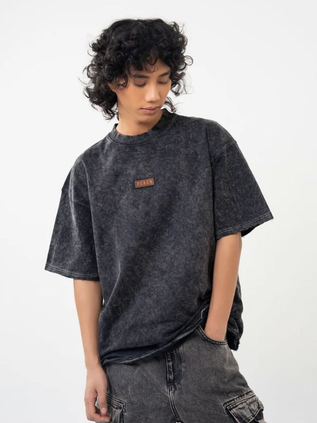 Peach Dusk & Dawn Typography Printed Bio Finish Round Neck Oversized T-shirt