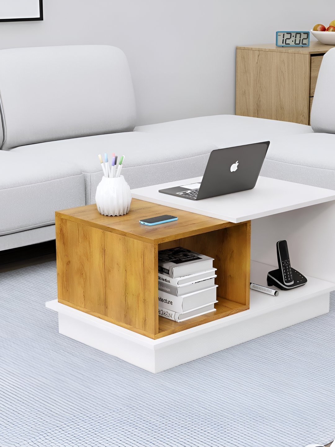 HEXA RED Brown & White Textured Wooden Rectangle Coffee Table