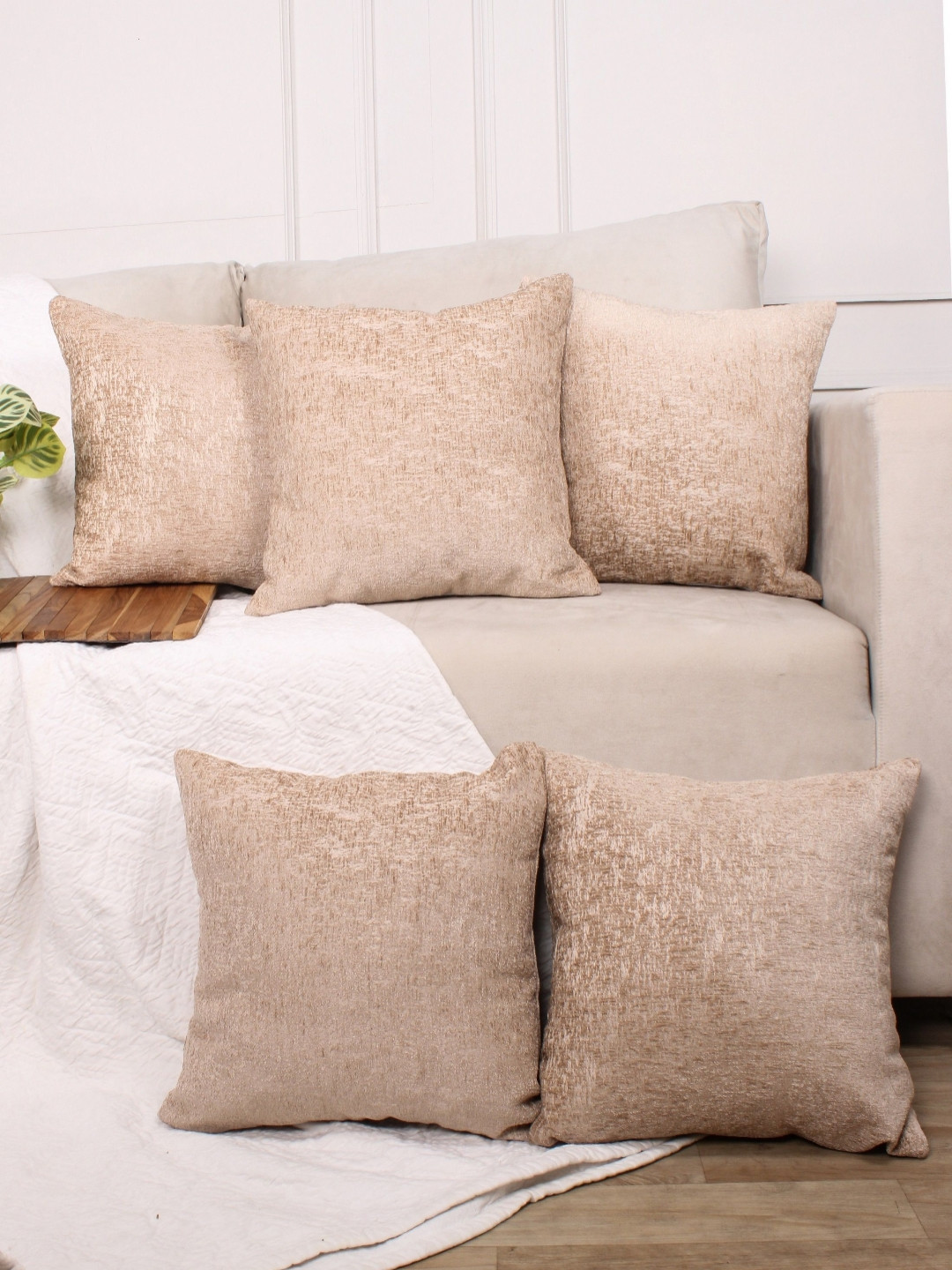 STITCHNEST Textured Beige Chenille Durable 5 Piece Square Cushion Covers -16x16In