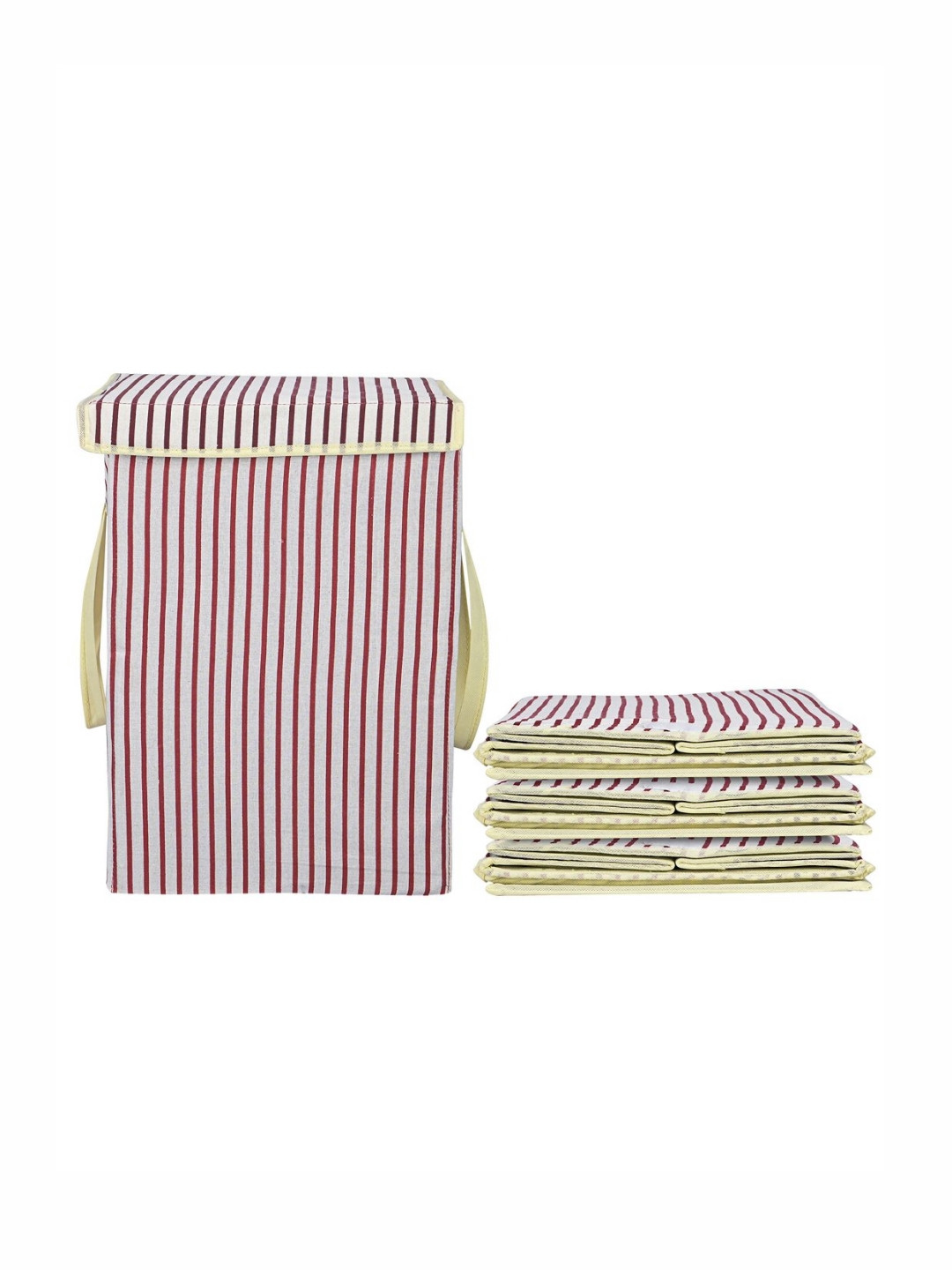 Aura 4Pcs White & Maroon Striped Foldable Laundry Bags With Lid 75 L Each