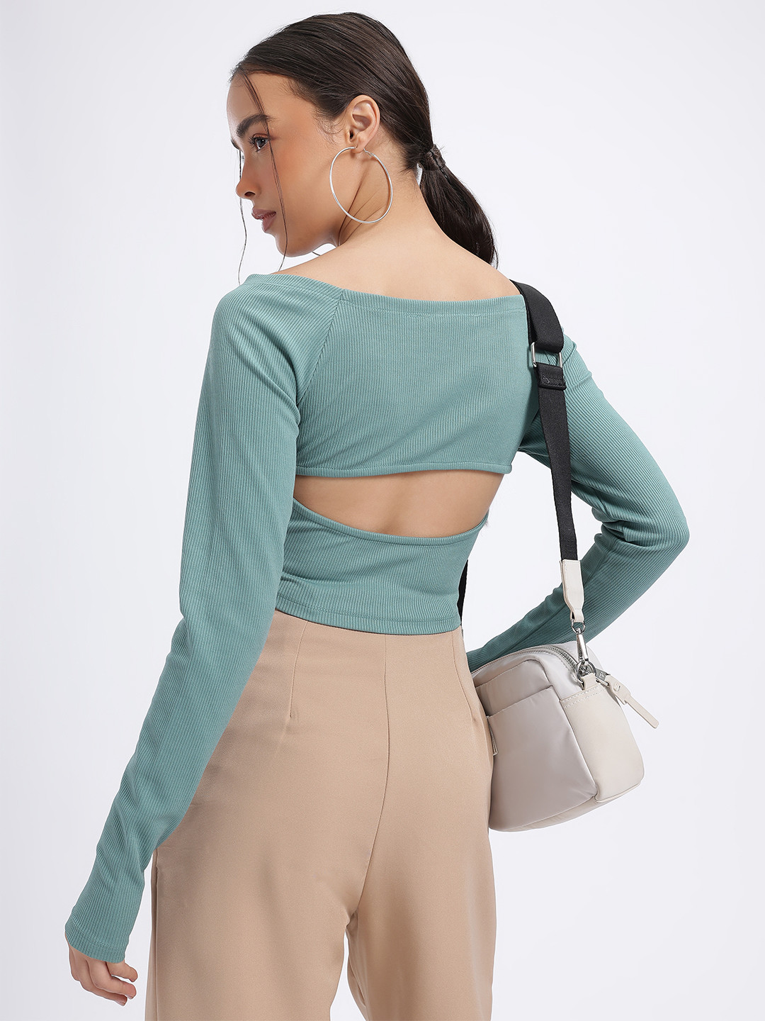 Glitchez Cut Out Detail Ribbed Crop Top with Boat Neck