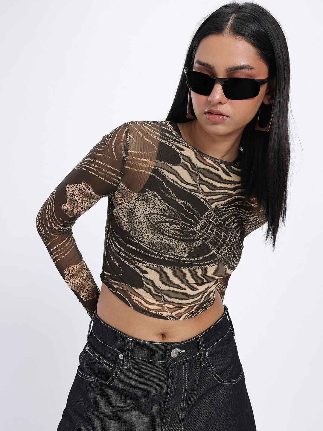 glitchez Animal Party Printed Sheer Crop Top