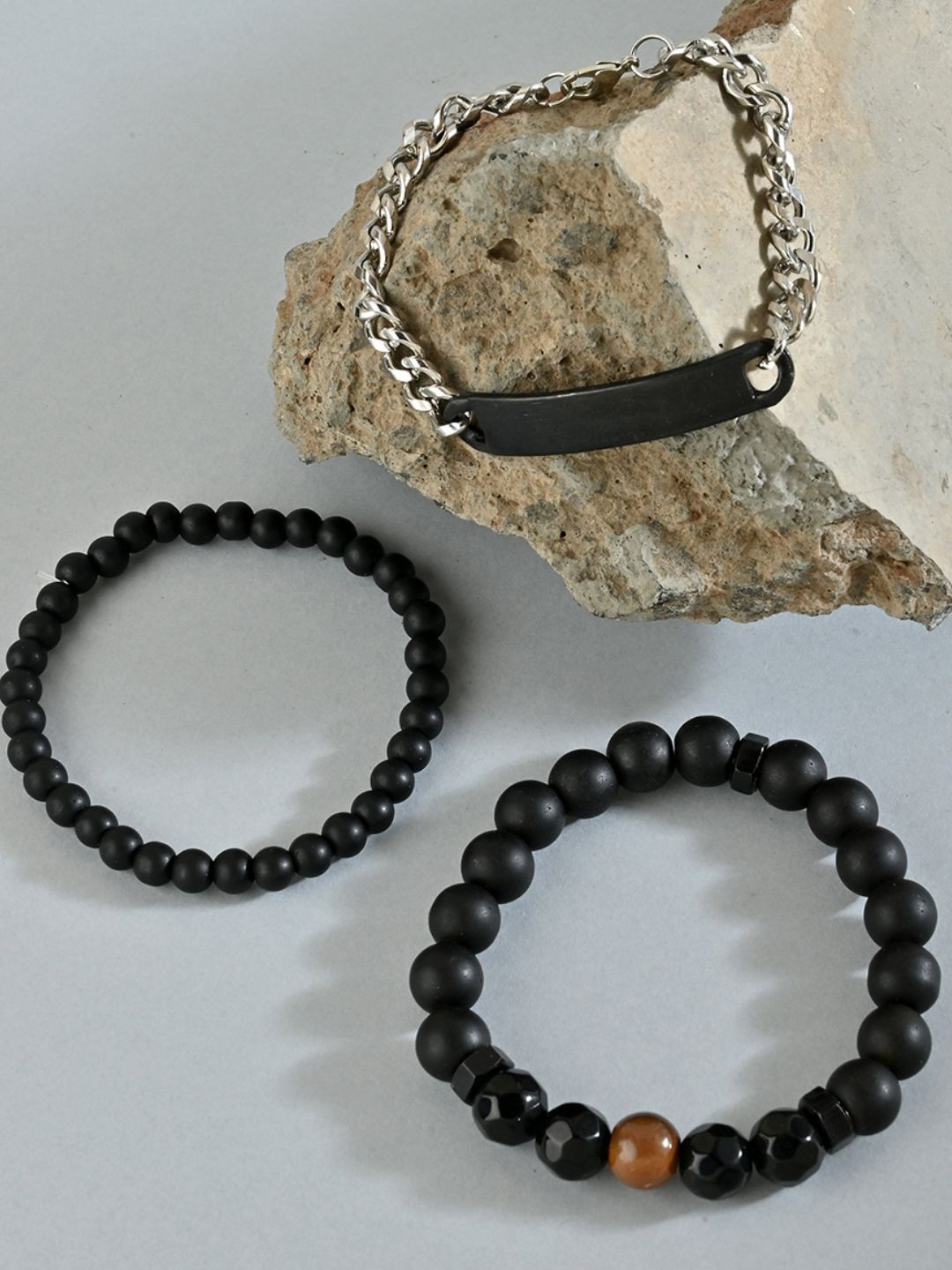 The Bro Code Men Set Of 3 Silver-Plated Artificial Beads Beaded Bracelet