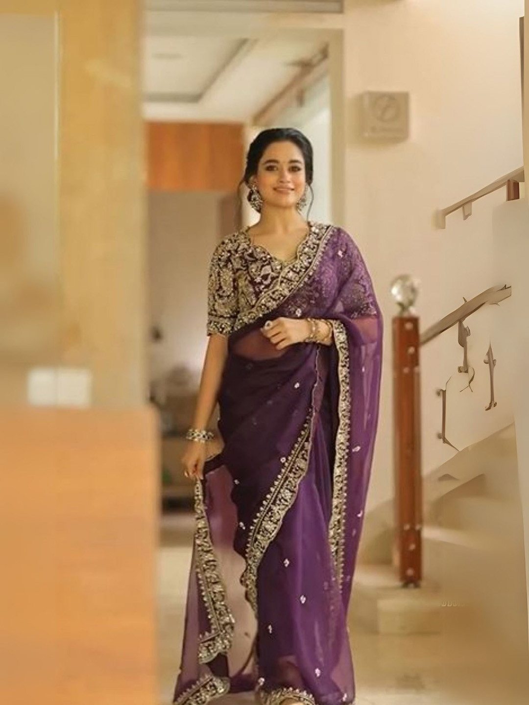 ODETTE Wine Soft Orgenza Silk Embellished Saree