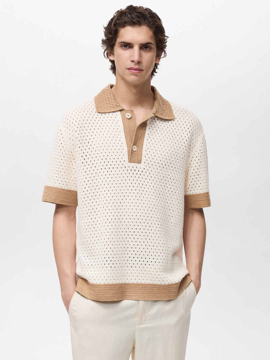 MANGO MAN Open Knit Polo Collar Relaxed T-shirt