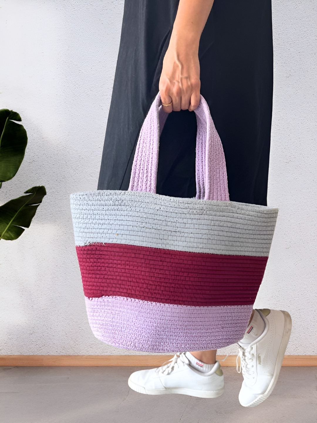 JASMEY HOMES Unisex Colourblocked Cotton Rope Tote Bag