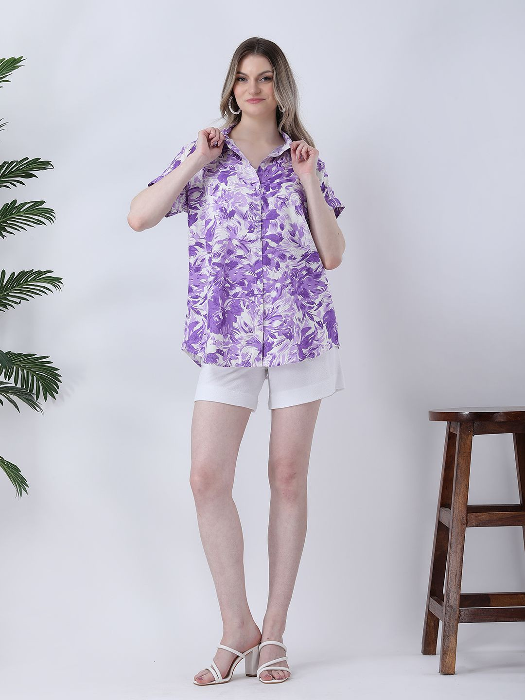 Qurvii Lavender Floral Printed Extended Sleeves Rayon shirt