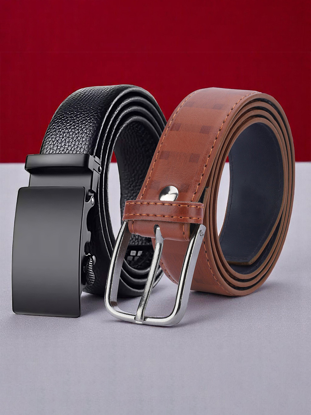 Provogue Men Pack of 2 Solid Synthetic Leather Formal Belt