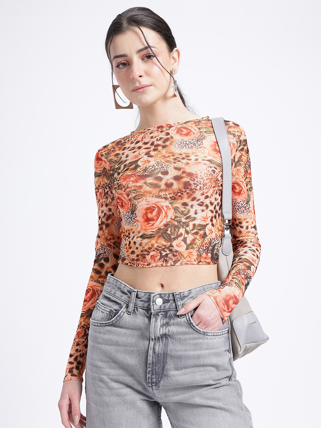 glitchez Floral Print Mesh Crop Top