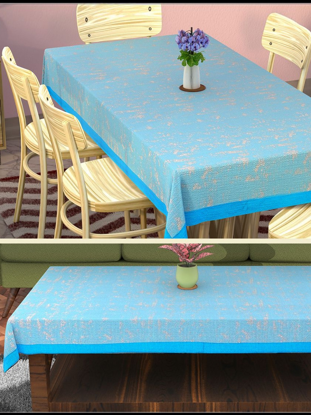 Aura Blue 2 Pieces Cotton 6 Seater Dining Table Cover & 4 Seater Center Table Cover