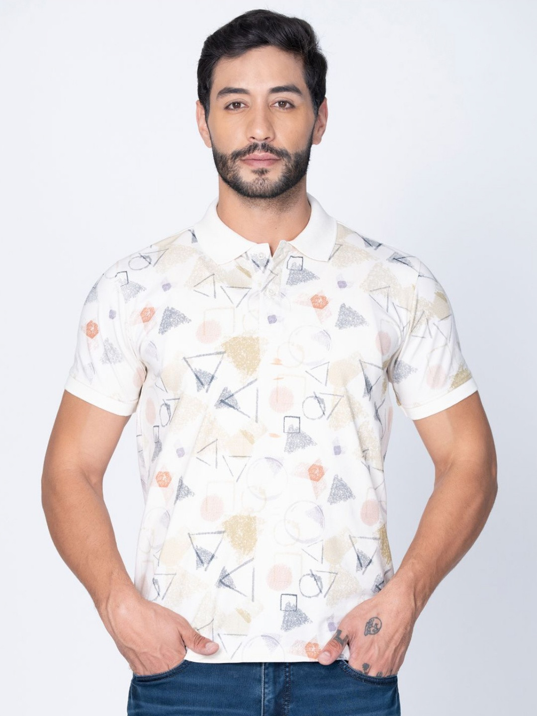 Sparky Geometric Printed Cotton Polo Collar T-shirt