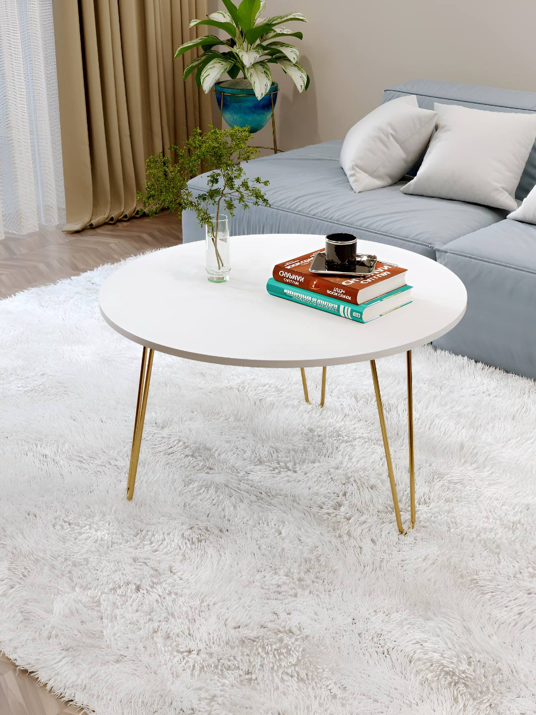 bluewud Mayrite White Textured Wooden & Metal Round Coffee Table