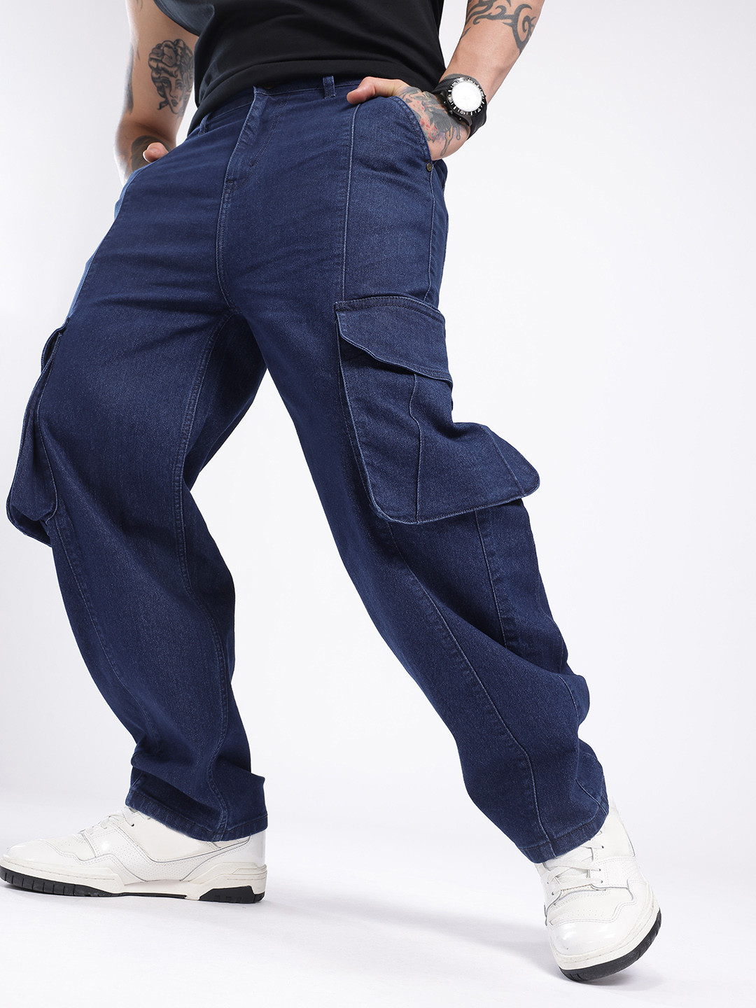 glitchez Men Wide Leg Stretchable Cargo Jeans