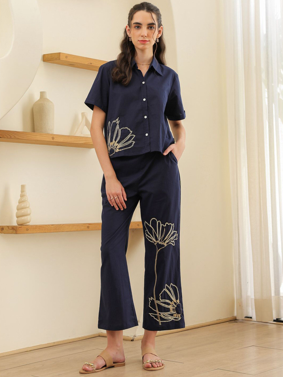 JISORA Women's Blue Embroidered Cotton Shirt With Trousers Co-Ord Set