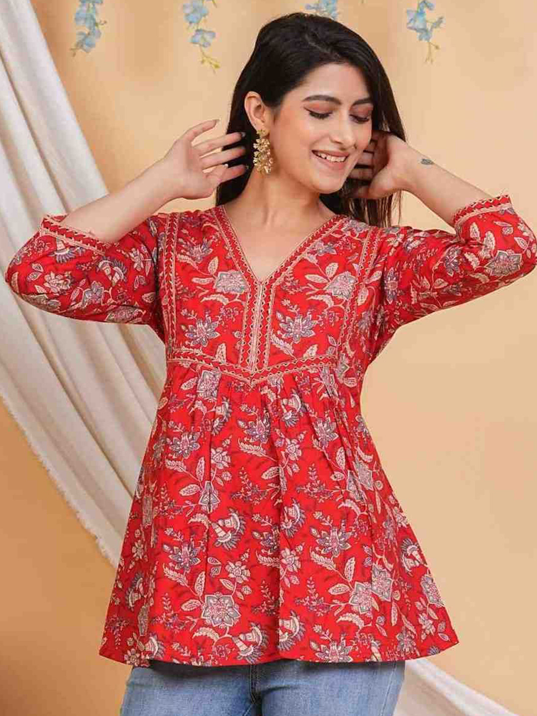 NEW RJP CRAFT Floral Printed Pure Cotton V-Neck Tunic