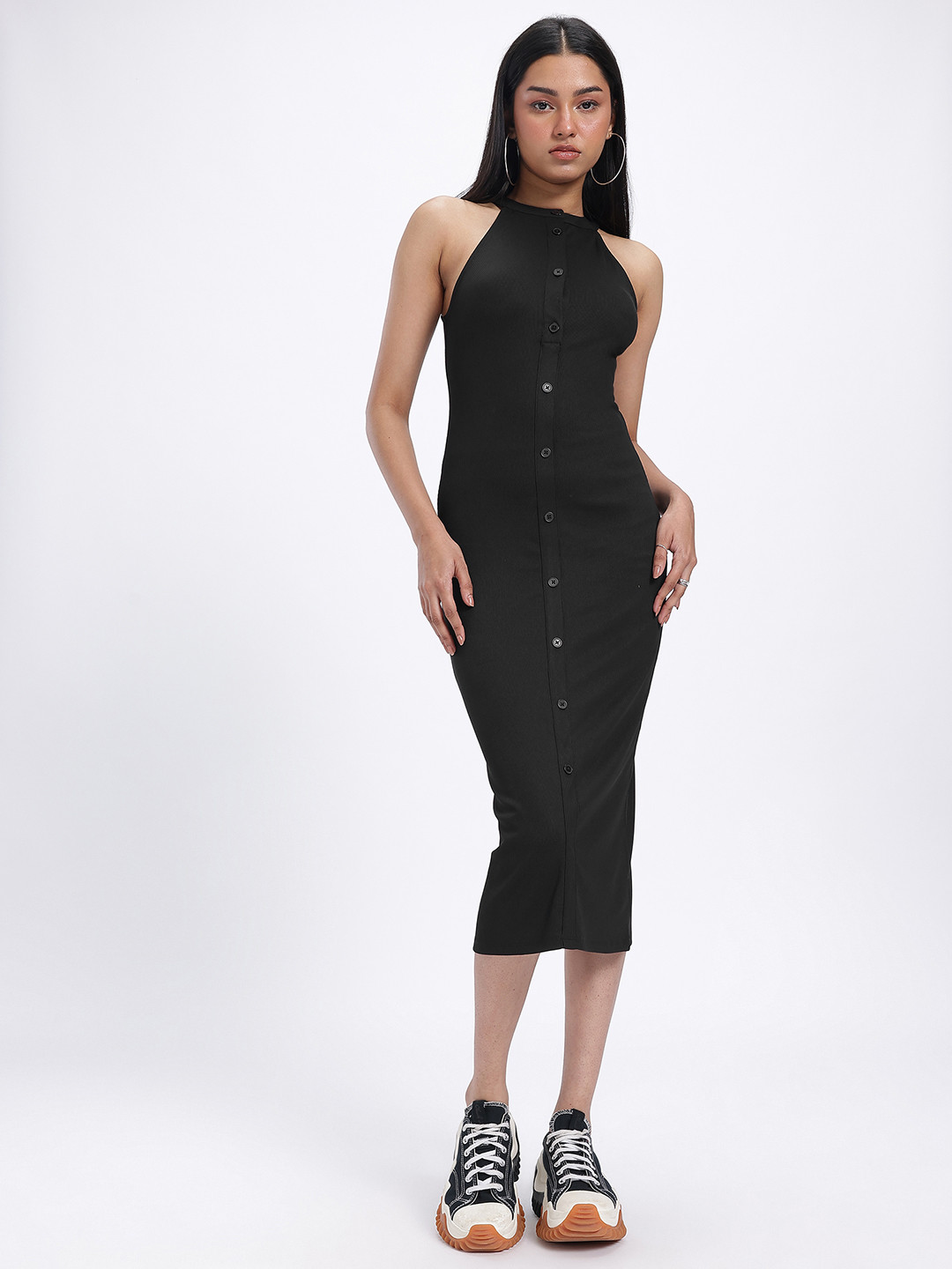 glitchez Ribbed Mock Buttons Halter Neck Midi Bodycon Dress with Back Slit