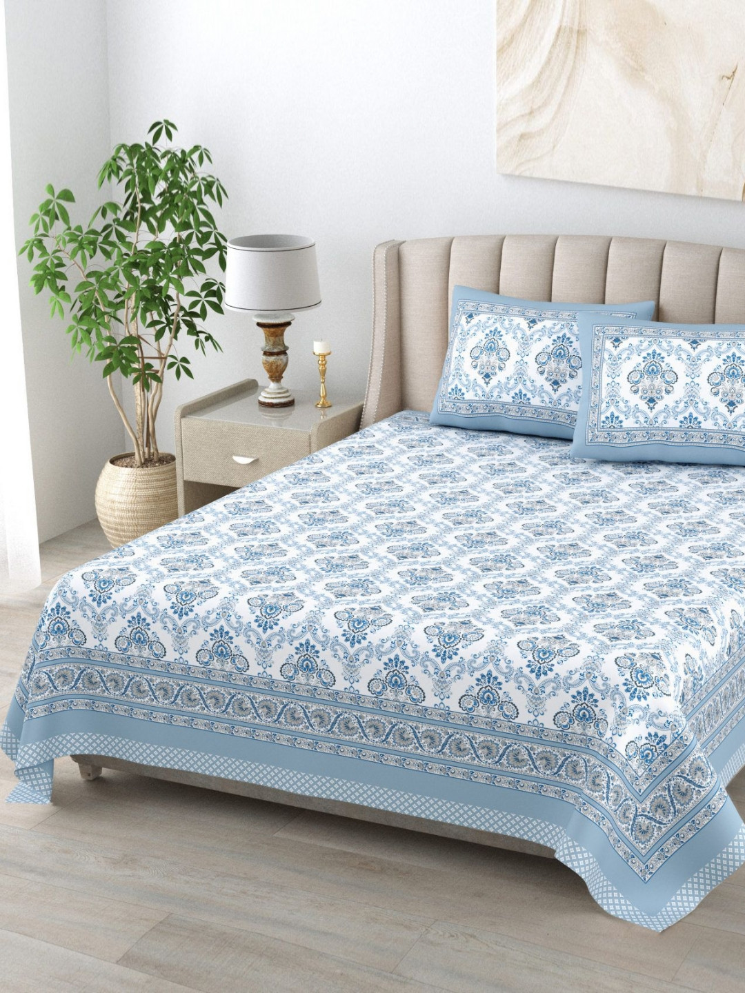 Urban Jaipur Kaya White Ethnic Motifs Cotton 230 TC King Fine Bedsheet with 2 Pillow Covers-95 x 108 inches