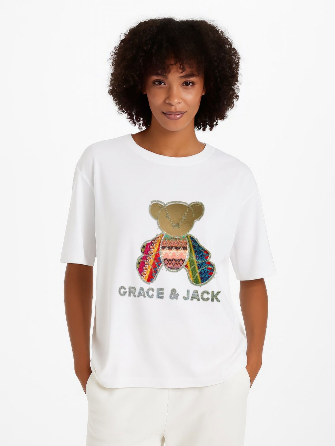 GRACE & JACK Women Crystal Teddy Color Pop Bear with Diamond Name T-shirt