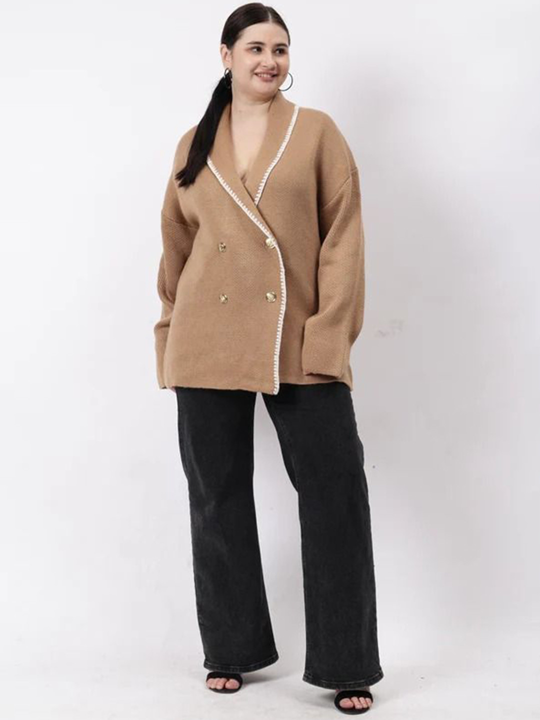 Fashion Gaiia Shawl Collar Double Breasted Oversized Short Overcoat
