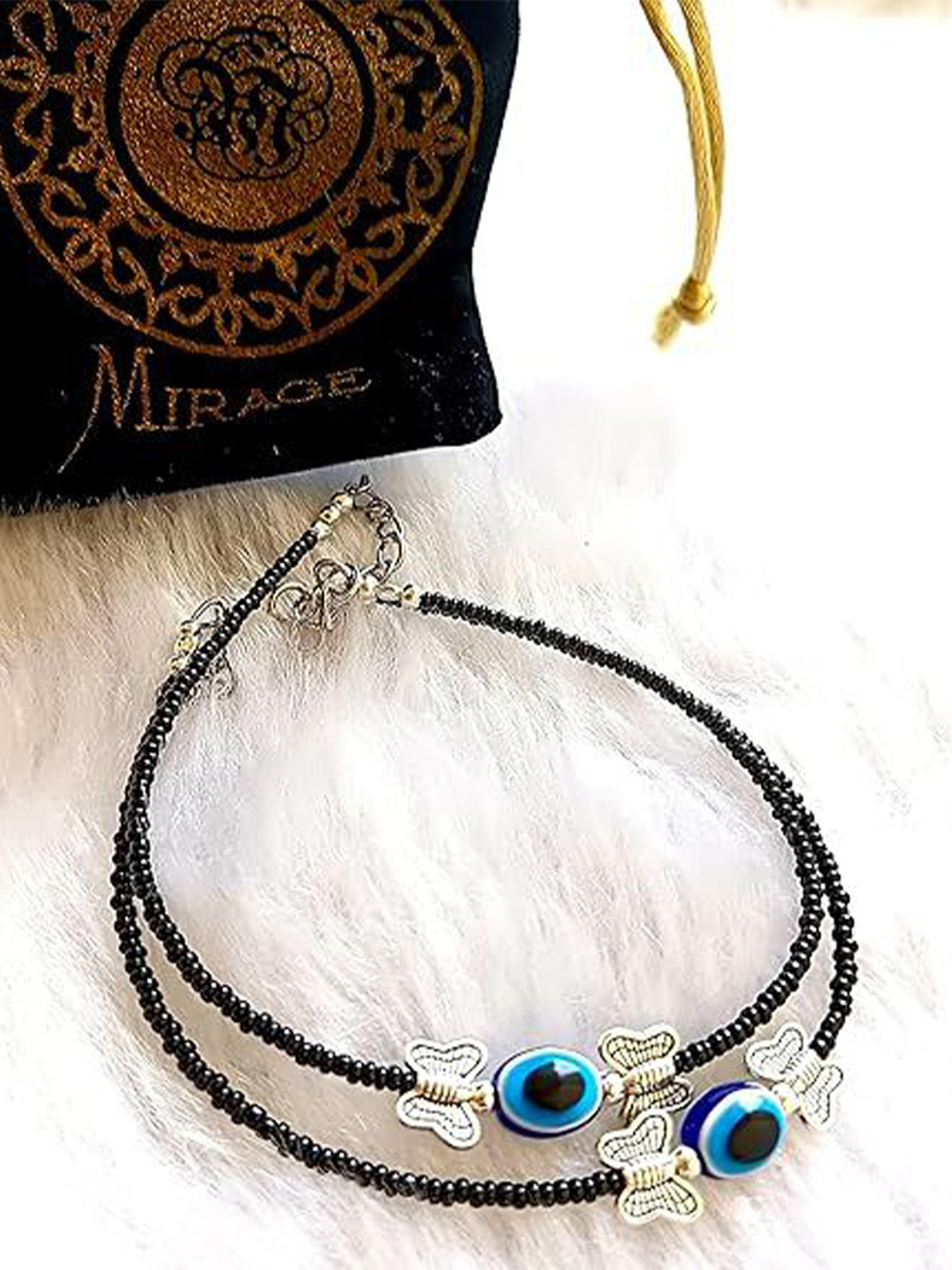 QNAM Set Of 2 Silver-Plated Artificial Beads Anklet