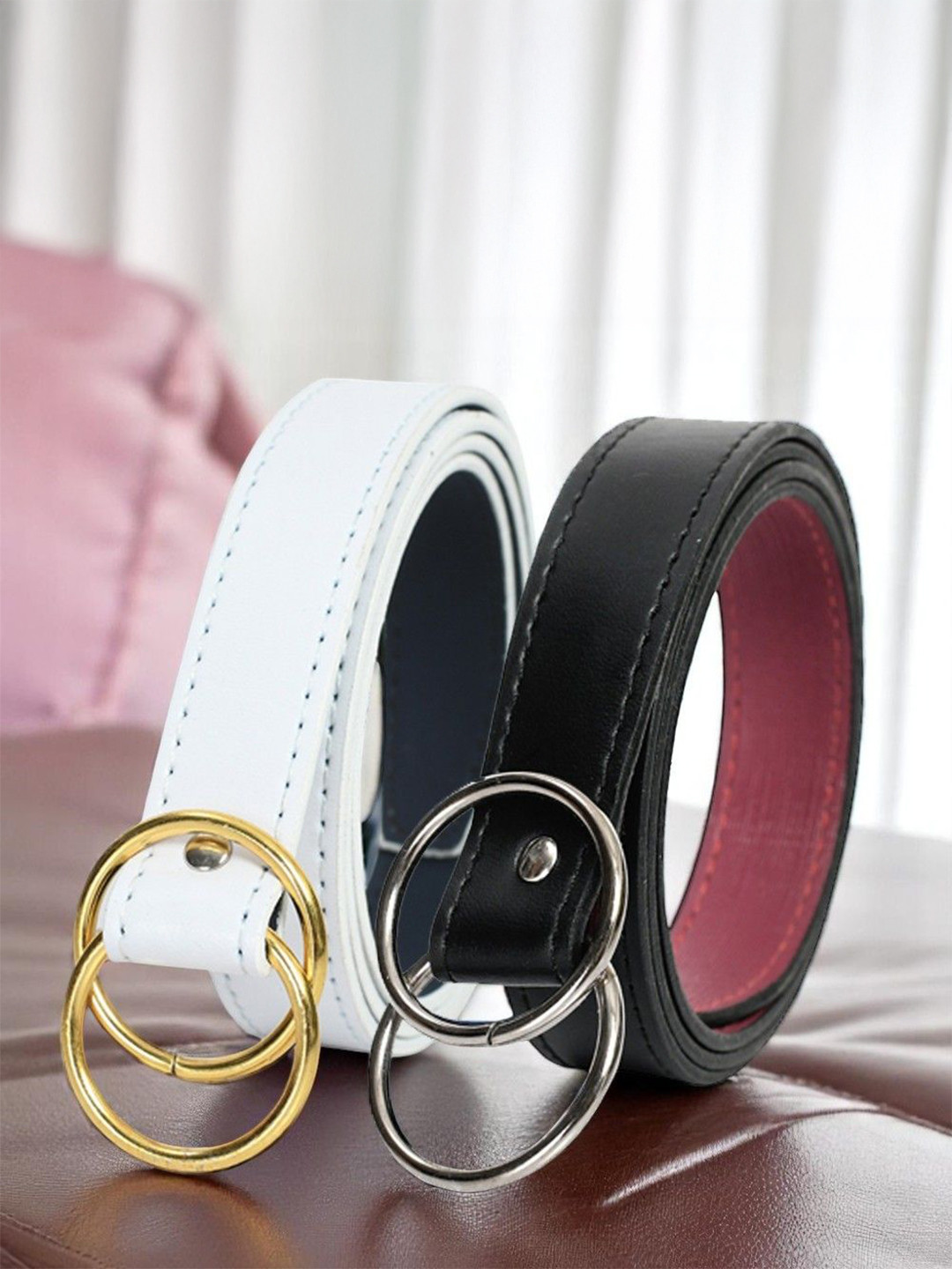 DressBerry Women Pack of 2 Formal Black & White Solid D-Ring Closure Belt