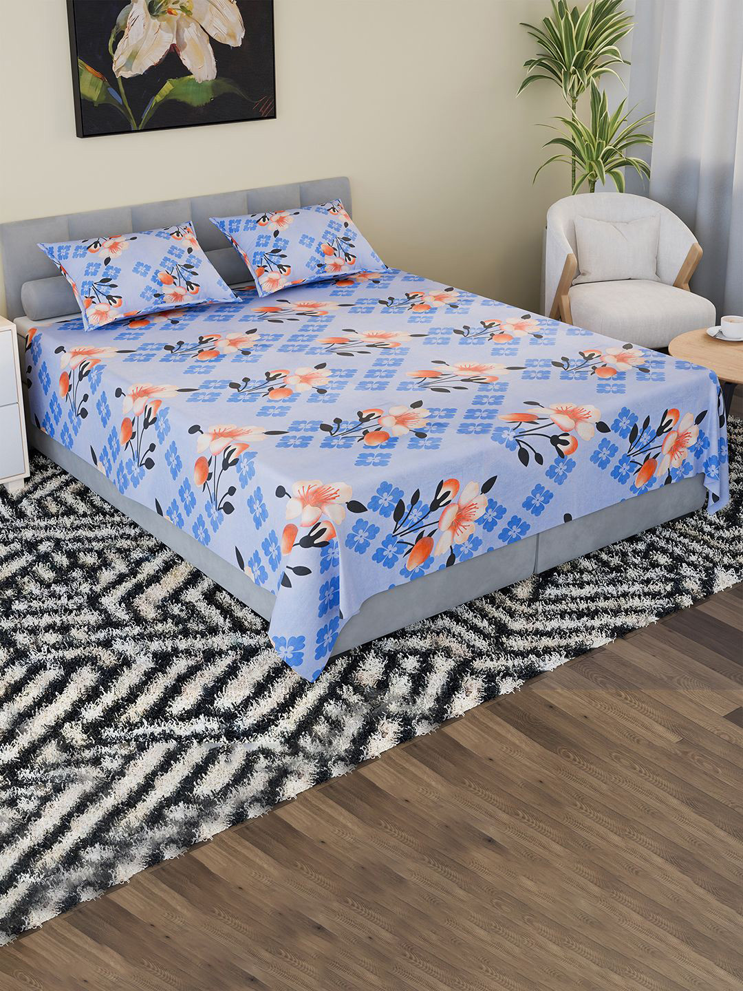 Kuber Industries Blue Floral Pure Cotton Breathable 100 TC King Coarse Bedsheet with 2 Pillow Covers-108 x 90 inches
