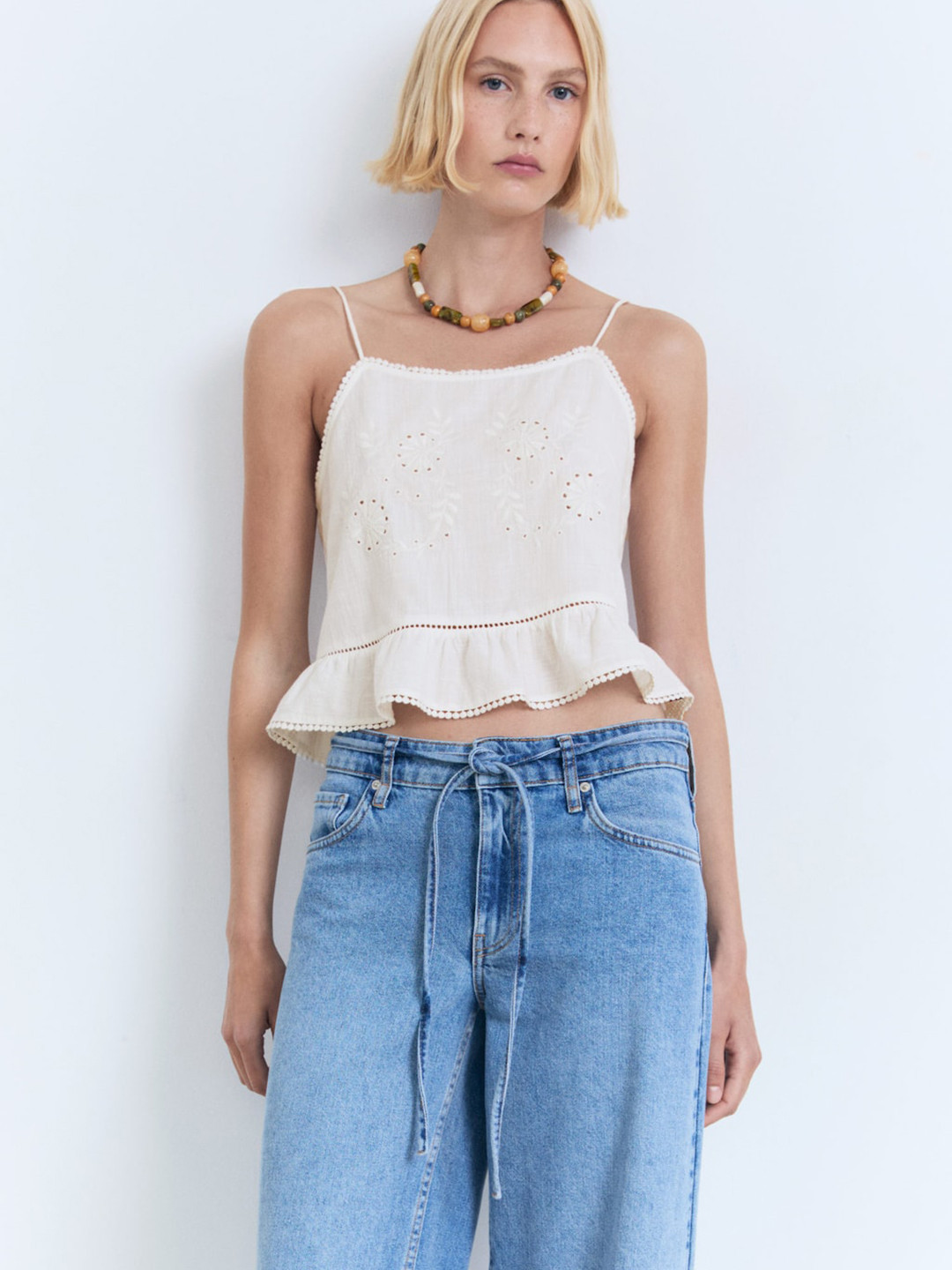 MANGO Schiffli Embroidered Lace Insert Cotton Crop Top