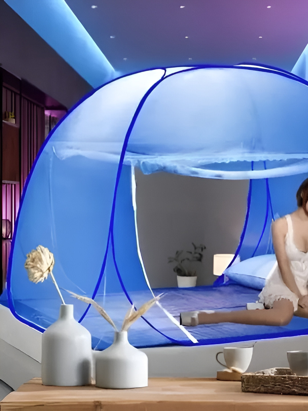 Silver Shine Navy Blue Polyester King Mosquito Nets