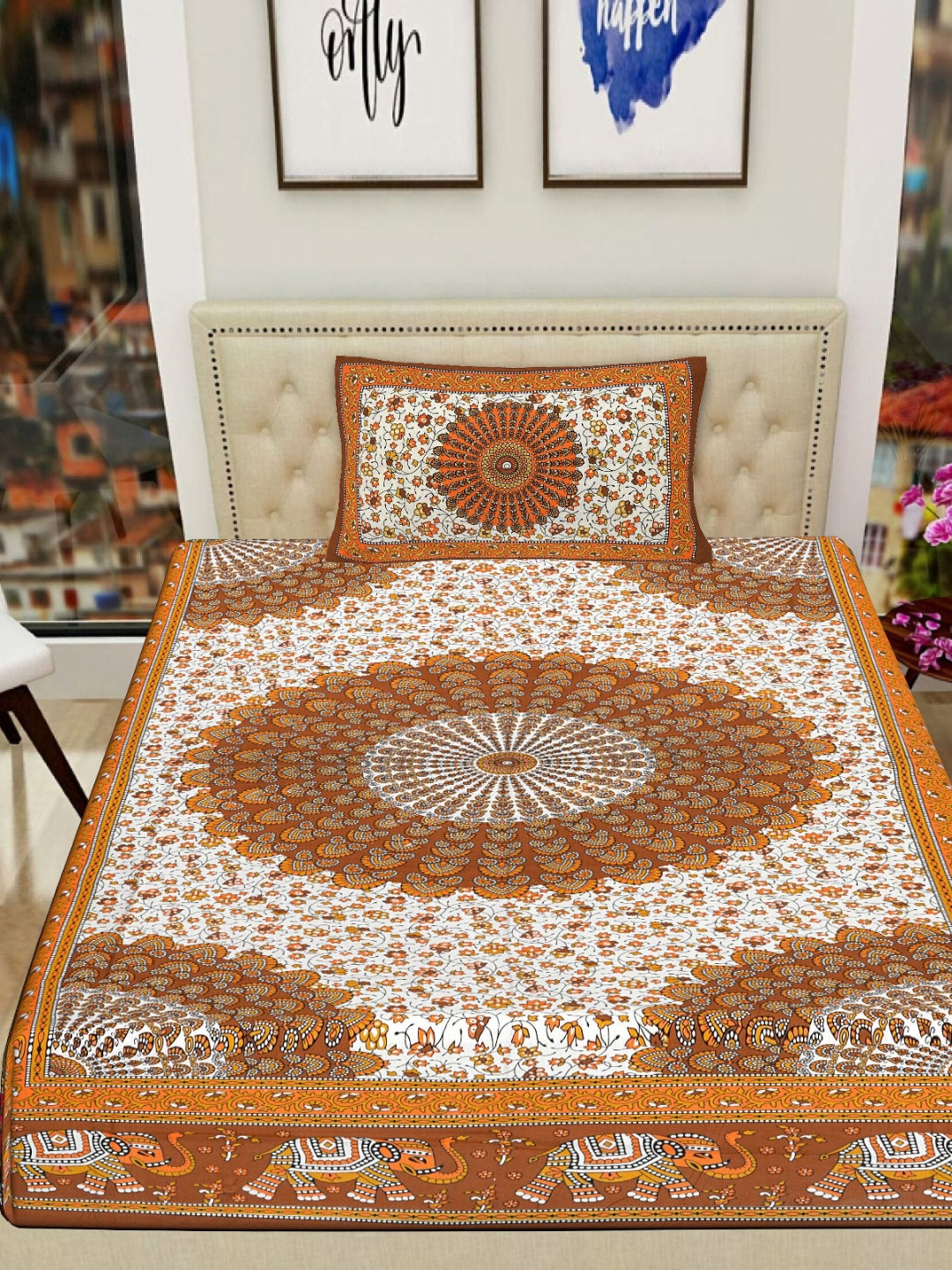 POORAK Loroco Yellow Ethnic Motifs Cotton Breathable 104 TC Single Coarse Bedsheet with a Pillow Cover-160.1 x 90 inches